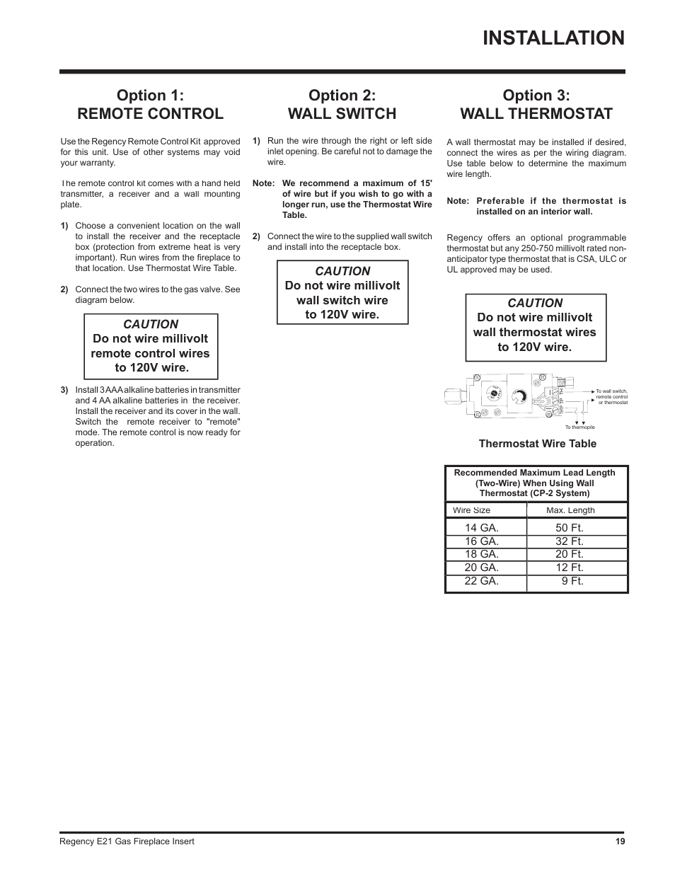Installation, Option 2: wall switch, Option 1: remote control | Option 3: wall thermostat | Regency E21-LP1 User Manual | Page 19 / 32