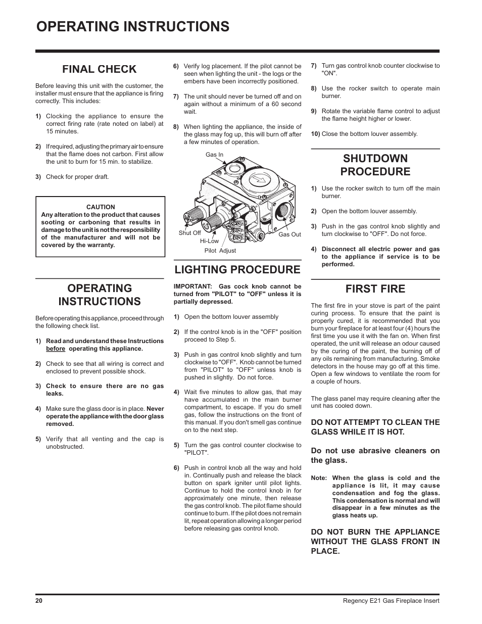 Operating instructions, Final check, Shutdown procedure | First fire, Lighting procedure | Regency E21-LP1 User Manual | Page 20 / 32