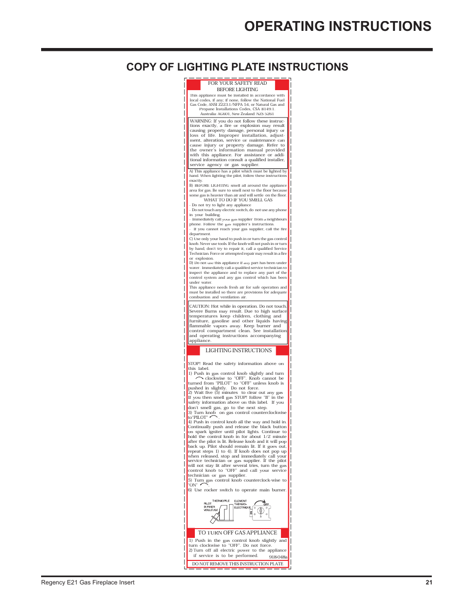 Operating instructions, Copy of lighting plate instructions | Regency E21-LP1 User Manual | Page 21 / 32