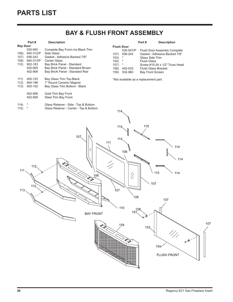 Parts list, Bay & flush front assembly | Regency E21-LP1 User Manual | Page 26 / 32