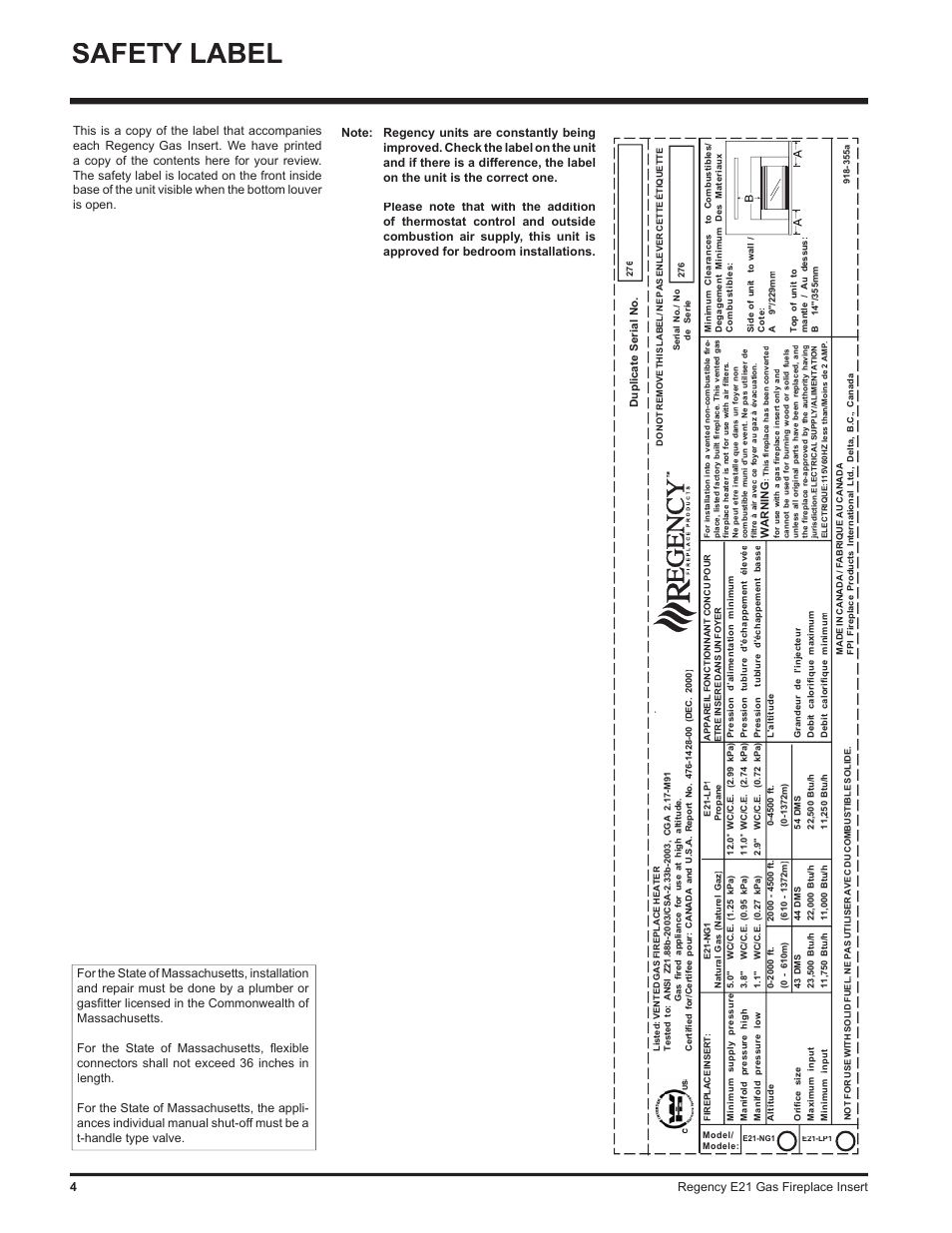 Safety label, 4regency e21 gas fireplace insert | Regency E21-LP1 User Manual | Page 4 / 32