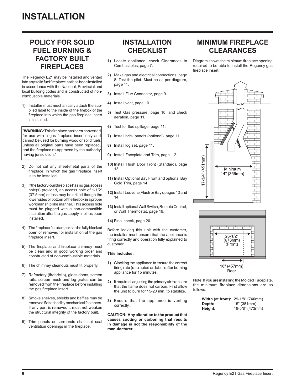Installation, Minimum fireplace clearances, Installation checklist | Regency E21-LP1 User Manual | Page 6 / 32