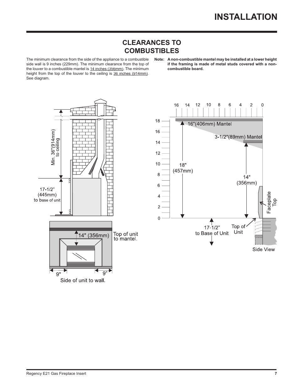 Installation, Clearances to combustibles | Regency E21-LP1 User Manual | Page 7 / 32
