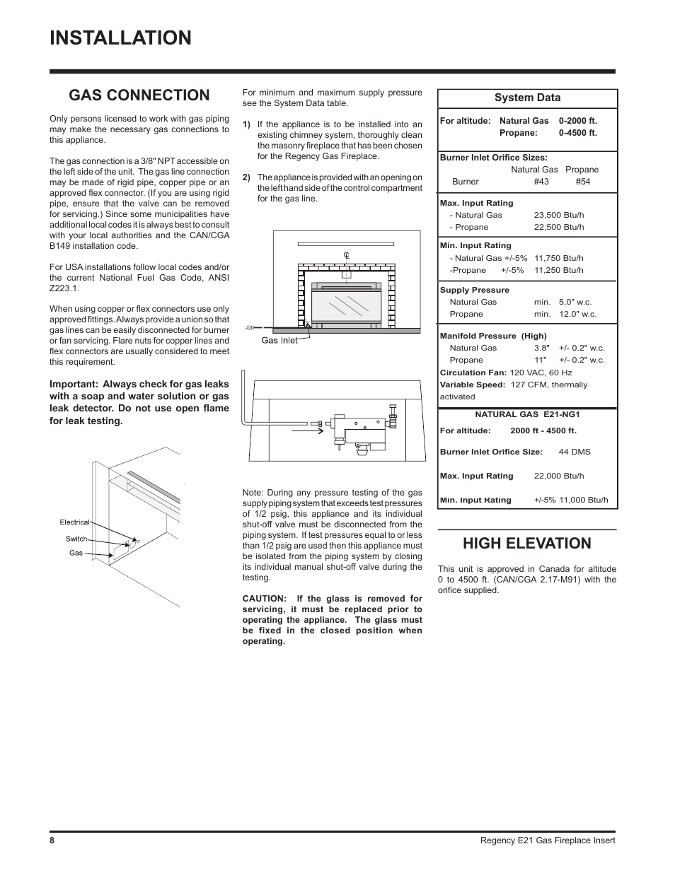 Installation, High elevation, Gas connection | Regency E21-LP1 User Manual | Page 8 / 32