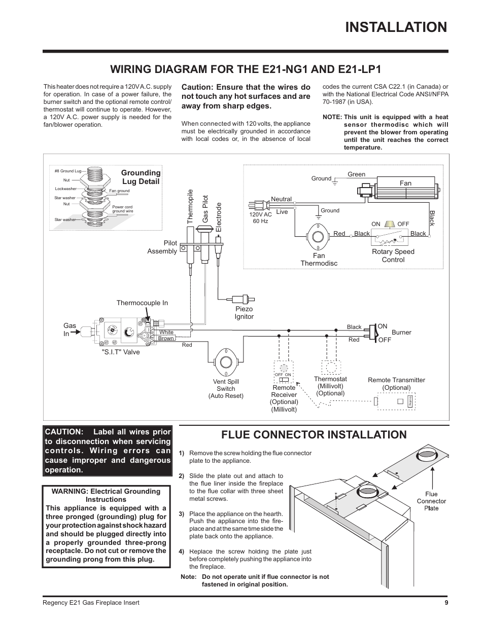 Installation, Flue connector installation, Grounding lug detail | Regency E21-LP1 User Manual | Page 9 / 32