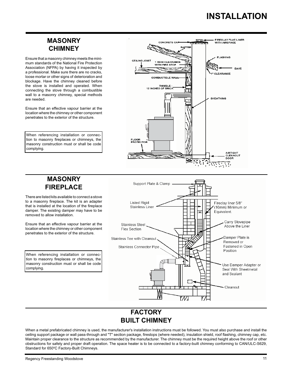 Installation, Factory built chimney, Masonry chimney | Masonry fireplace | Regency F3100L User Manual | Page 11 / 28