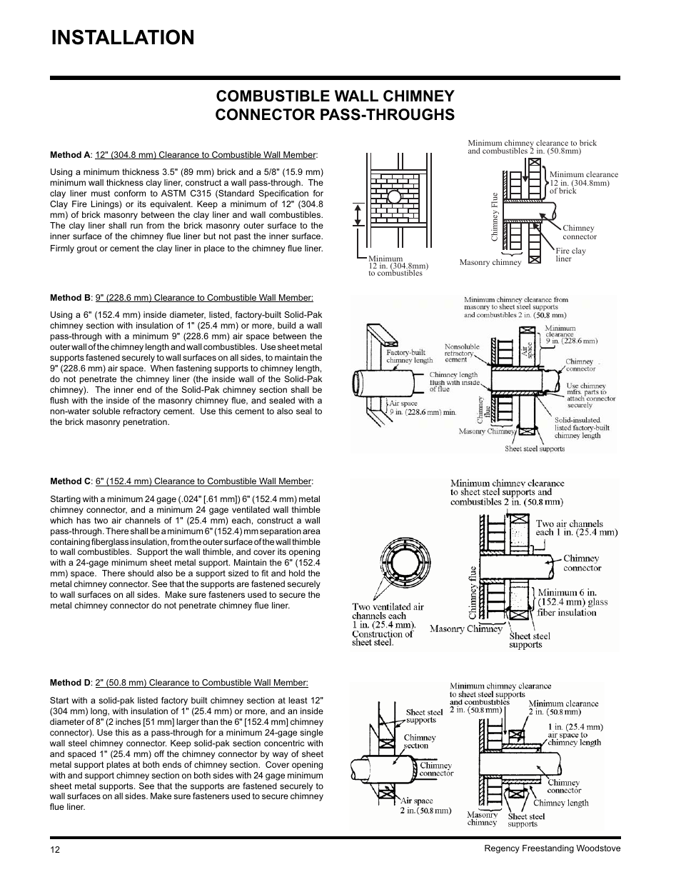 Installation, Combustible wall chimney connector pass-throughs | Regency F3100L User Manual | Page 12 / 28