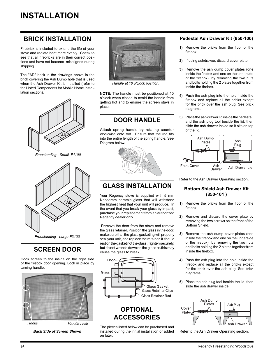 Installation, Optional accessories, Door handle | Glass installation, Brick installation, Screen door | Regency F3100L User Manual | Page 16 / 28