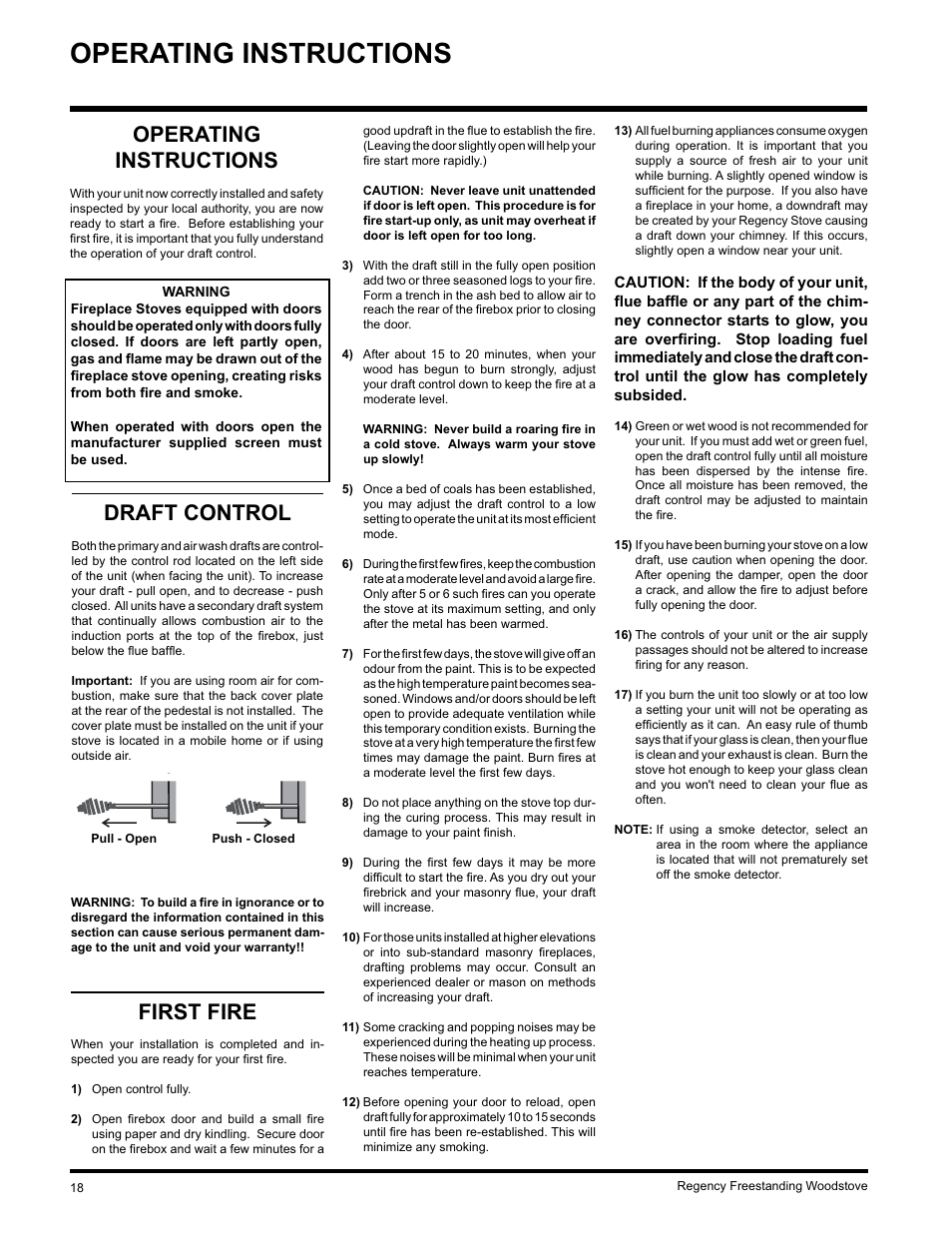 Operating instructions, First fire, Draft control | Regency F3100L User Manual | Page 18 / 28
