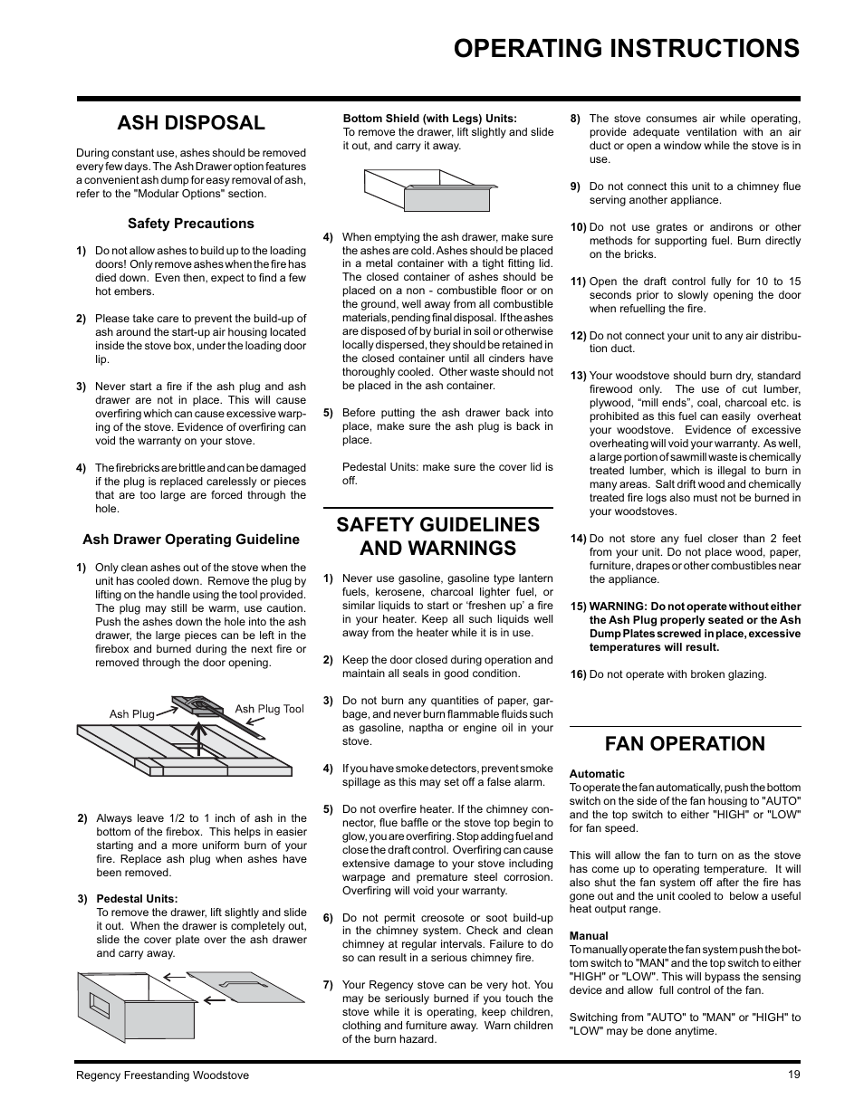 Operating instructions, Ash disposal, Safety guidelines and warnings | Fan operation | Regency F3100L User Manual | Page 19 / 28