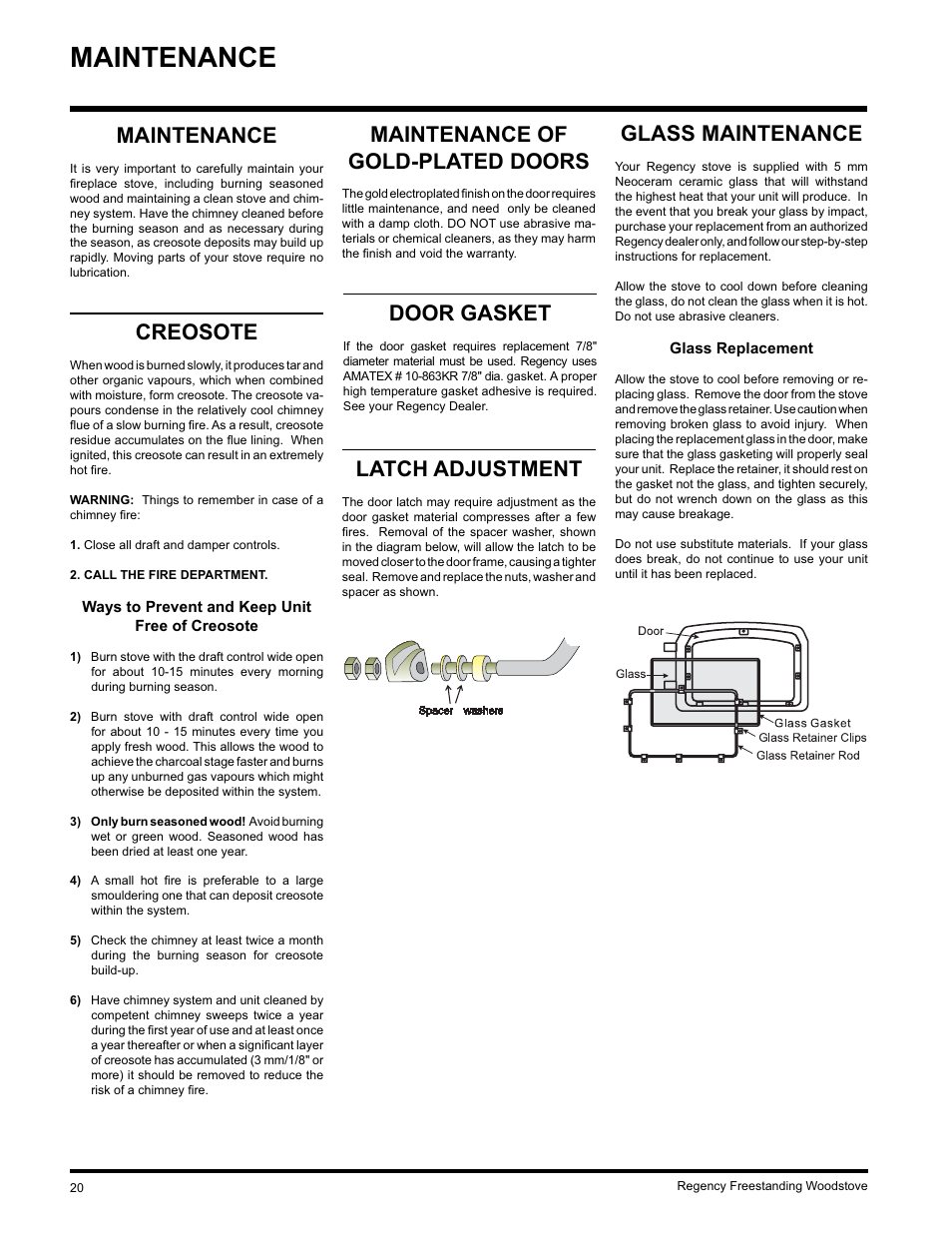 Maintenance, Creosote, Latch adjustment | Glass maintenance, Door gasket, Maintenance of gold-plated doors | Regency F3100L User Manual | Page 20 / 28
