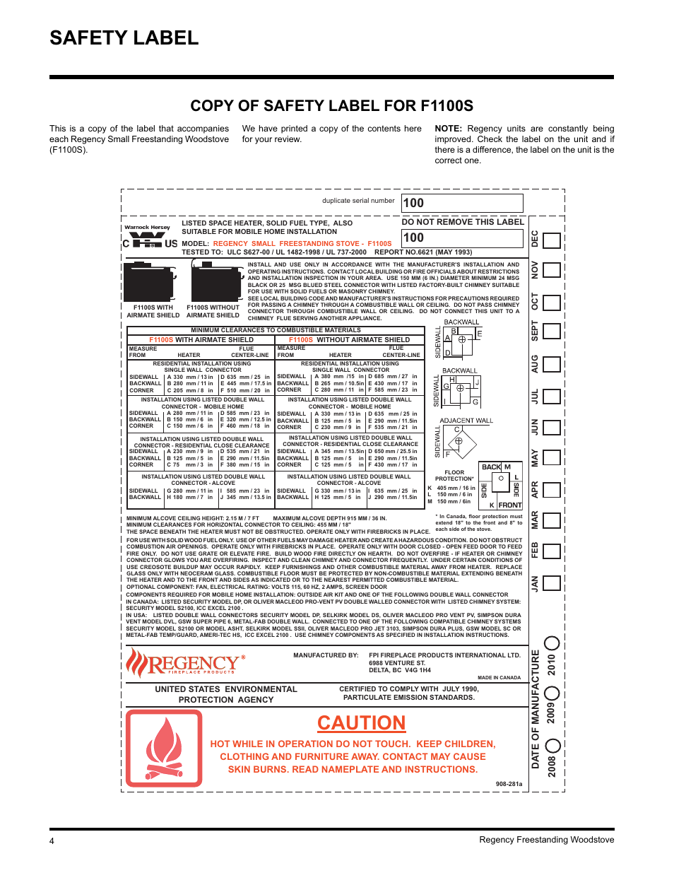 Safety label, Caution, Copy of safety label for f1100s | Regency F3100L User Manual | Page 4 / 28