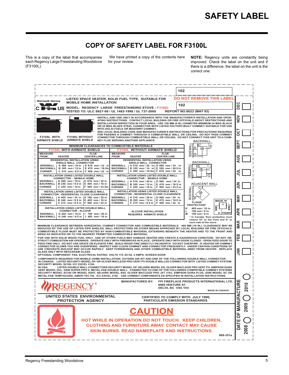 Safety label, Caution, Copy of safety label for f3100l | Da te of manuf acture, Jan feb mar apr ma y jun jul aug sept oct nov dec | Regency F3100L User Manual | Page 5 / 28
