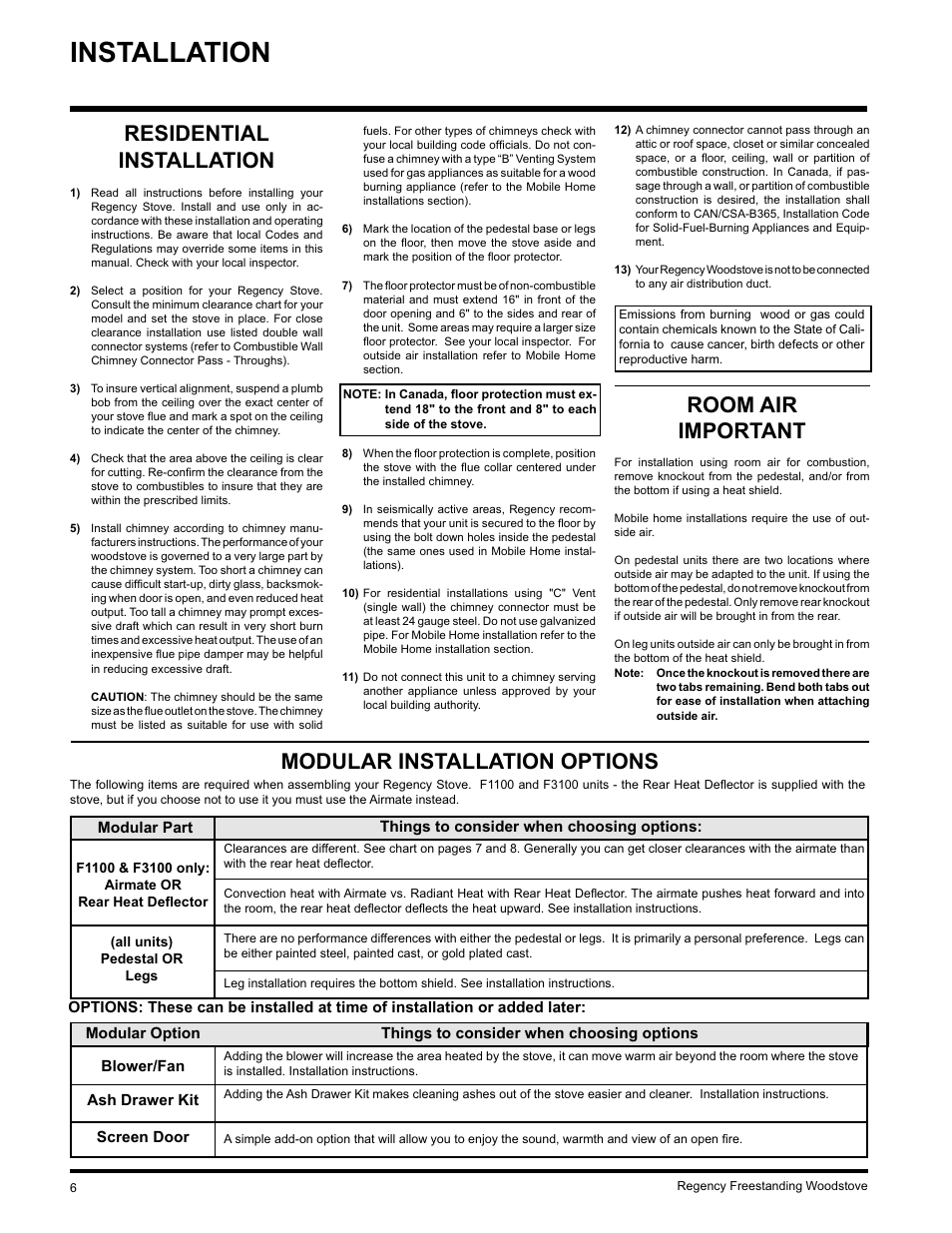 Installation, Residential installation, Room air important | Modular installation options | Regency F3100L User Manual | Page 6 / 28
