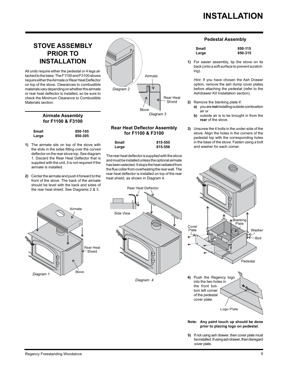 Installation, Stove assembly prior to installation | Regency F3100L User Manual | Page 9 / 28