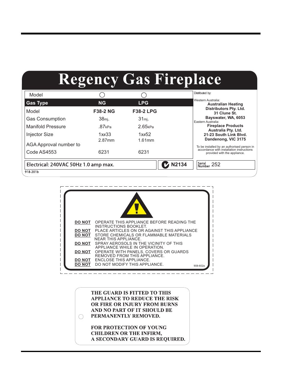 Regency gas fireplace, Safety label | Regency F38-NG2 User Manual | Page 4 / 23