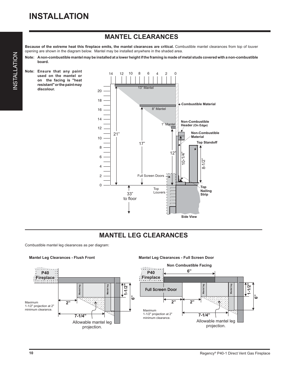 Installation, Mantel clearances, Mantel leg clearances | Inst alla tion | Regency P40 User Manual | Page 10 / 56