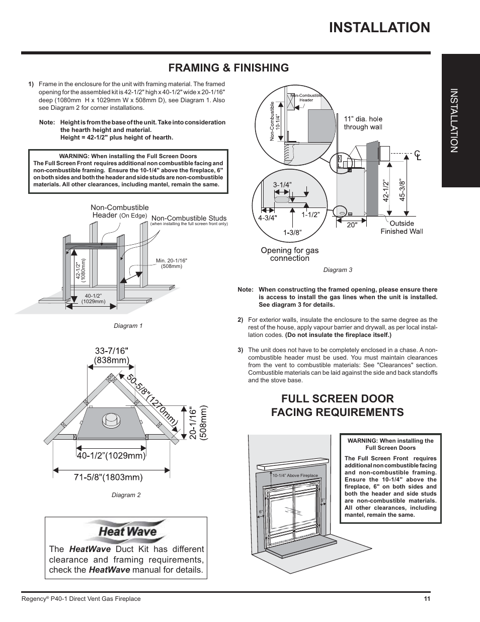 Installation, Framing & finishing, Full screen door facing requirements | Inst alla tion | Regency P40 User Manual | Page 11 / 56