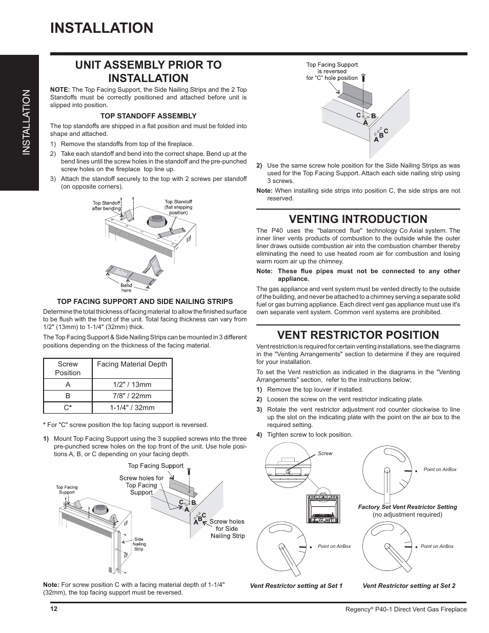 Installation, Venting introduction, Unit assembly prior to installation | Vent restrictor position, Inst alla tion | Regency P40 User Manual | Page 12 / 56