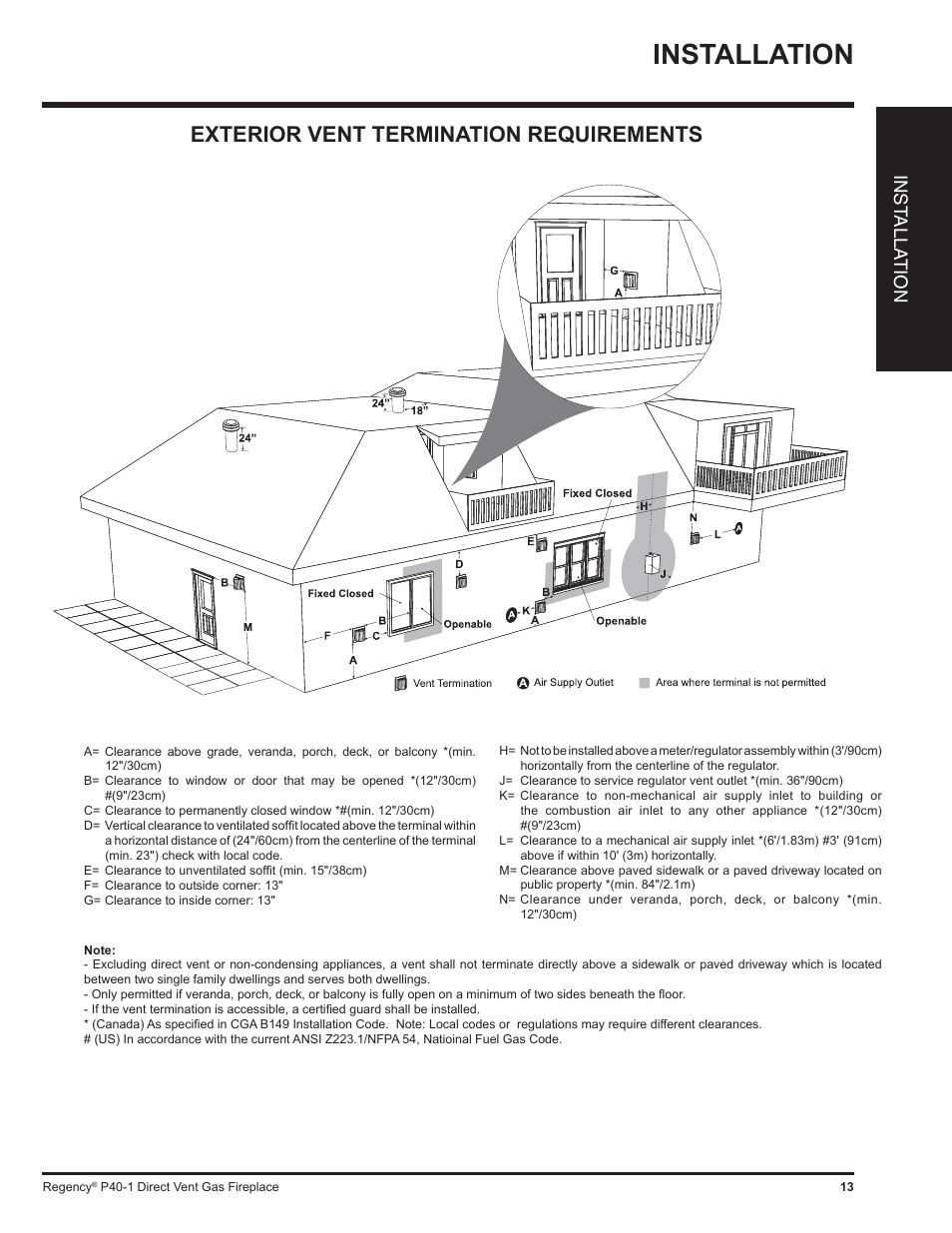 Installation, Exterior vent termination requirements, Inst alla tion | Regency P40 User Manual | Page 13 / 56