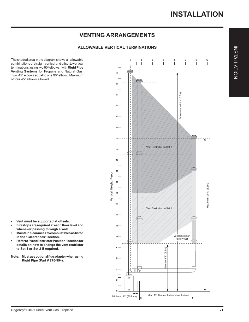 Installation, Venting arrangements, Inst alla tion | Allowable vertical terminations | Regency P40 User Manual | Page 21 / 56