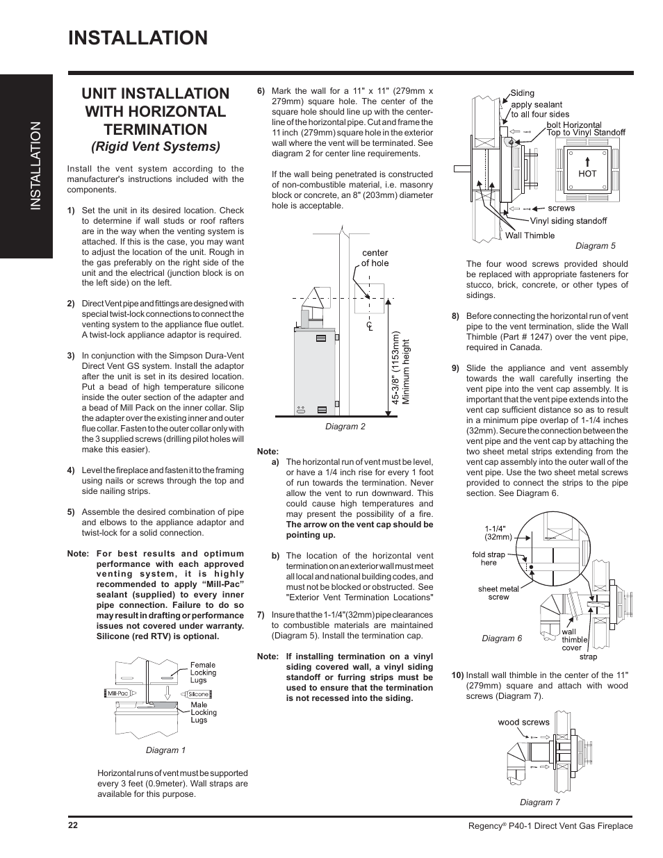 Installation, Unit installation with horizontal termination, Inst alla tion | Rigid vent systems) | Regency P40 User Manual | Page 22 / 56