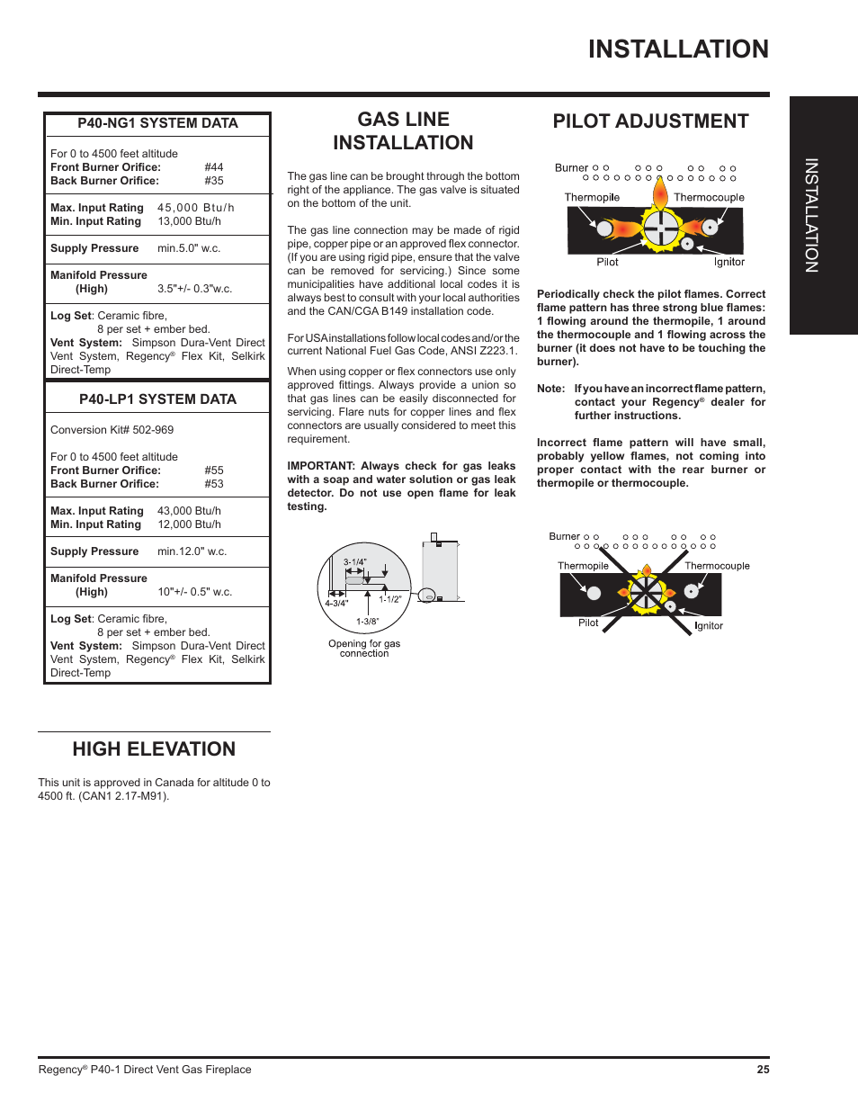 Installation, Pilot adjustment gas line installation, High elevation | Inst alla tion | Regency P40 User Manual | Page 25 / 56