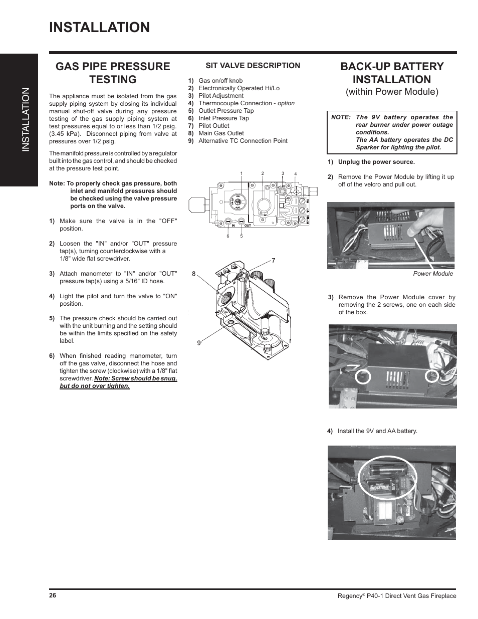 Installation, Gas pipe pressure testing, Back-up battery installation | Inst alla tion, Within power module) | Regency P40 User Manual | Page 26 / 56