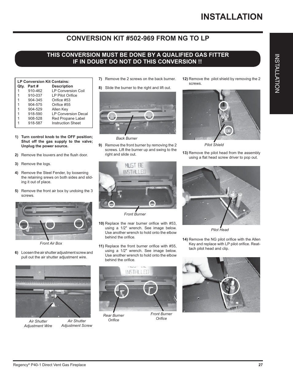 Installation, Inst alla tion | Regency P40 User Manual | Page 27 / 56