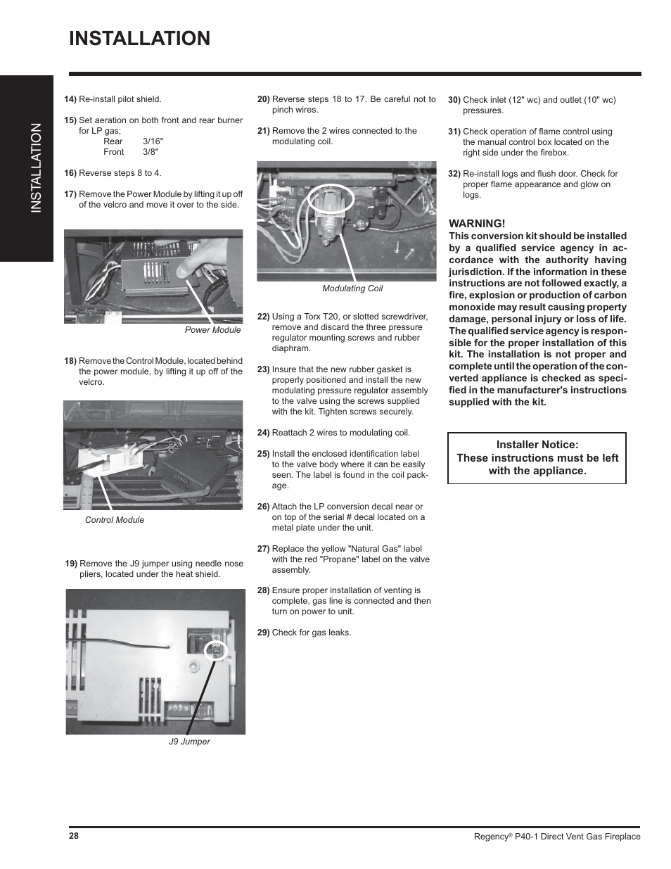 Installation, Inst alla tion | Regency P40 User Manual | Page 28 / 56