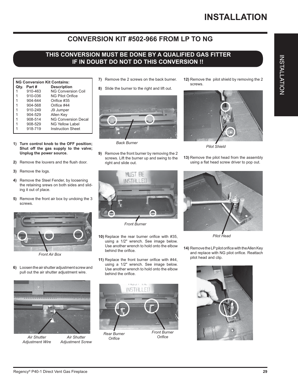 Installation, Inst alla tion | Regency P40 User Manual | Page 29 / 56