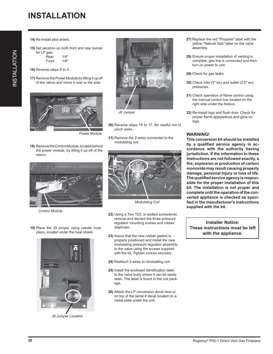 Installation, Inst alla tion | Regency P40 User Manual | Page 30 / 56