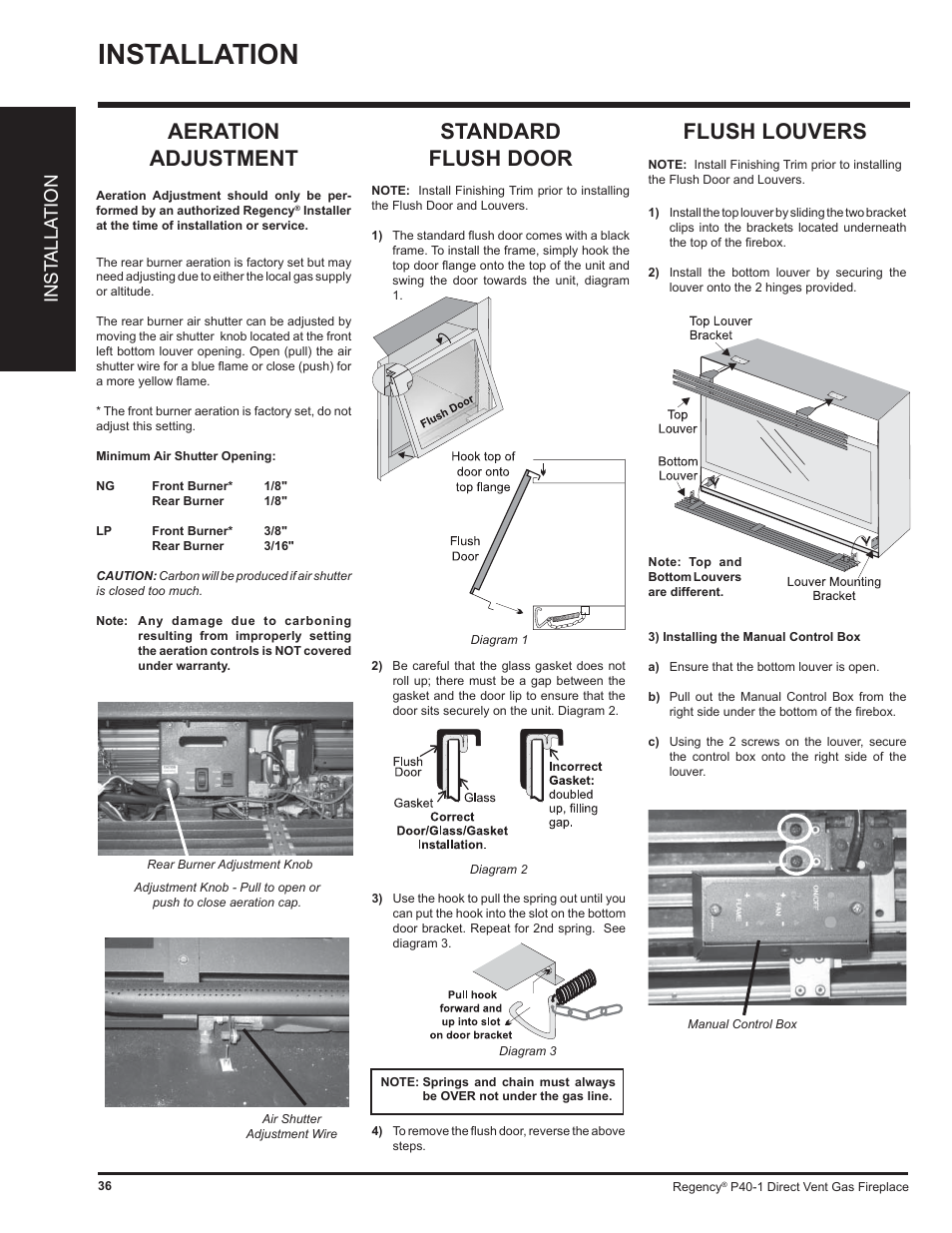 Installation, Standard flush door, Flush louvers | Aeration adjustment, Inst alla tion | Regency P40 User Manual | Page 36 / 56
