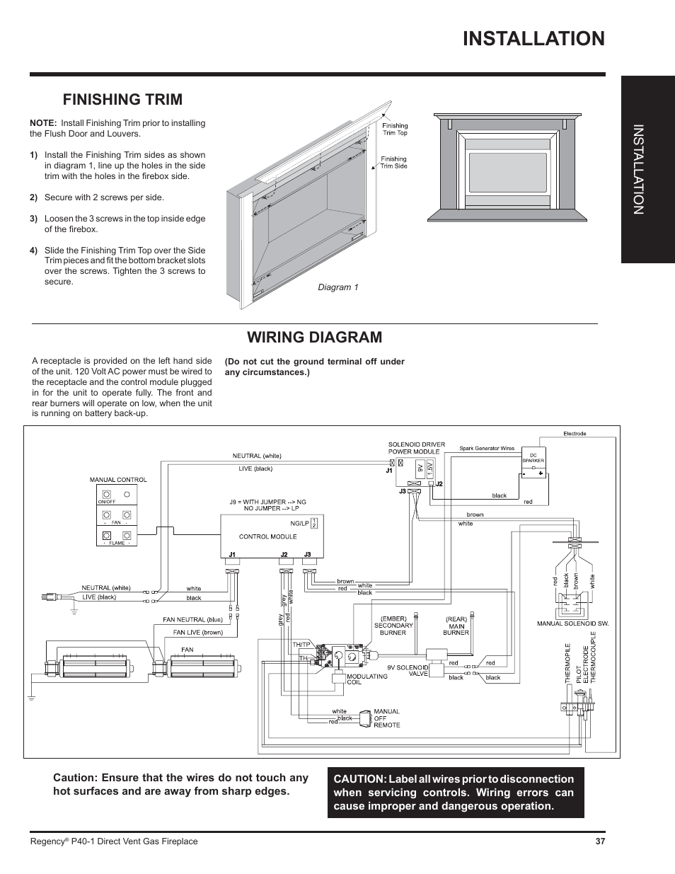 Installation, Wiring diagram, Finishing trim | Inst alla tion | Regency P40 User Manual | Page 37 / 56