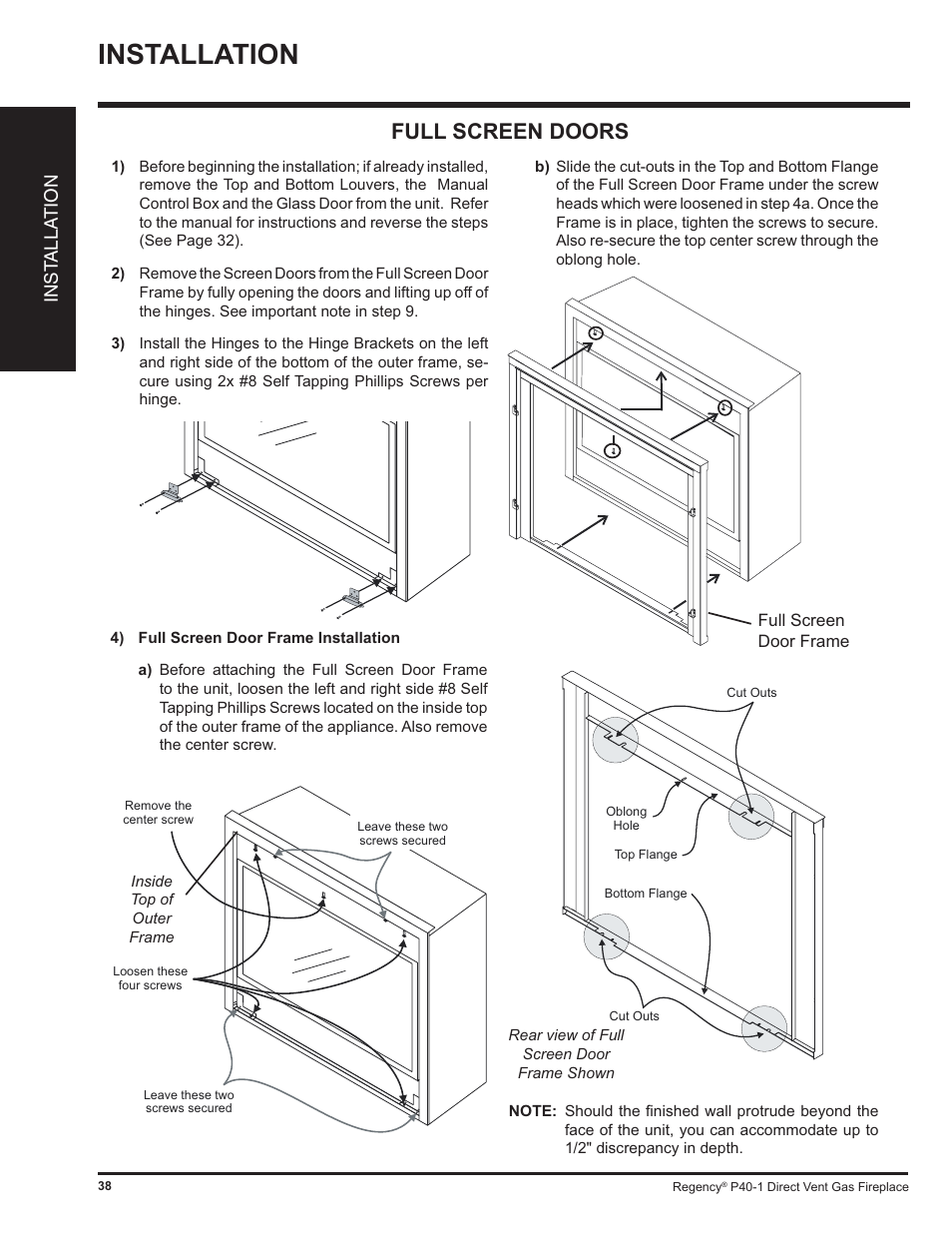 Installation, Full screen doors, Inst alla tion | Regency P40 User Manual | Page 38 / 56