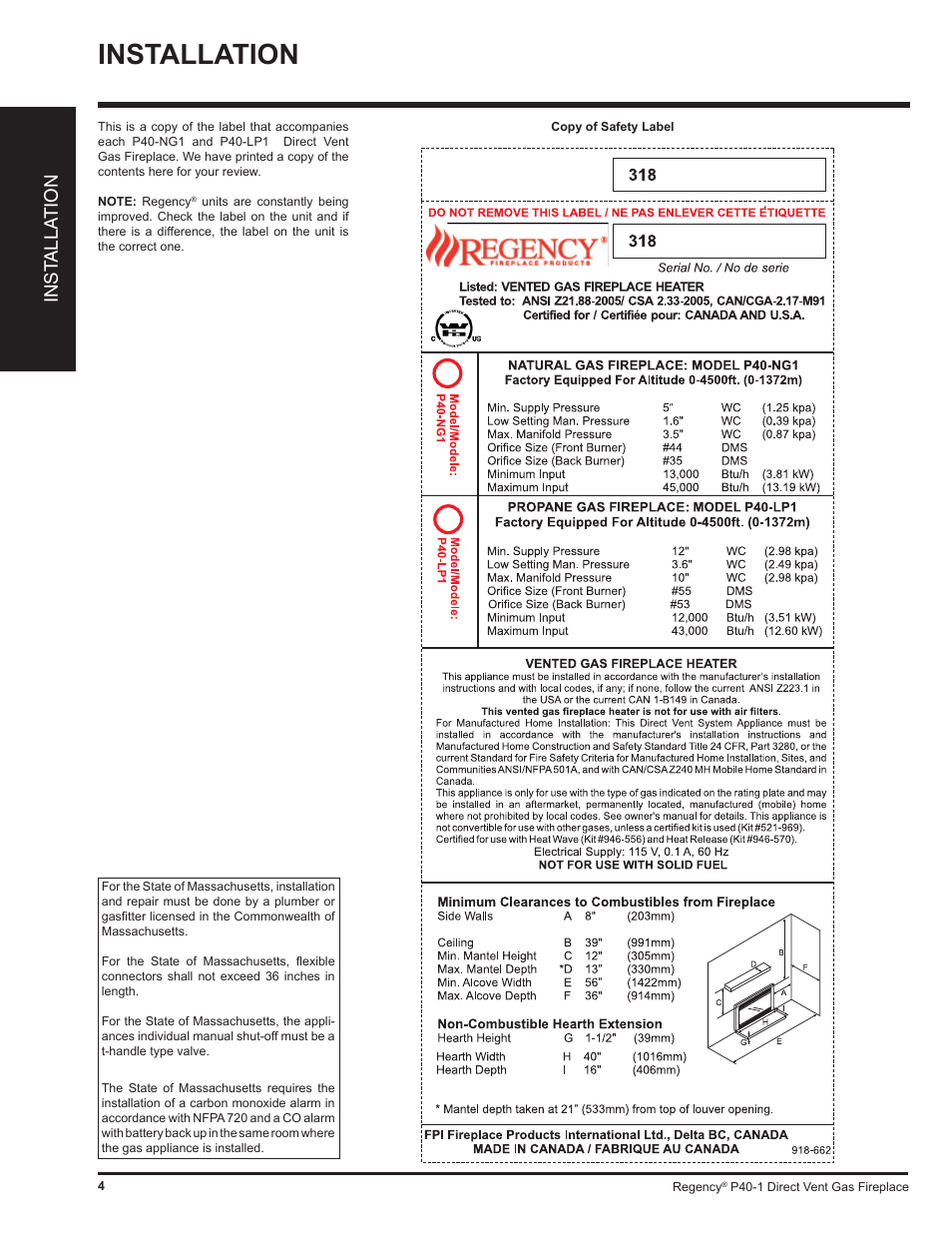 Installation, Inst alla tion | Regency P40 User Manual | Page 4 / 56