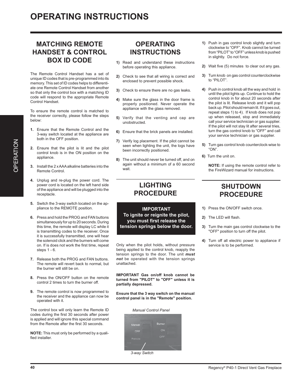 Operating instructions, Shutdown procedure, Lighting procedure | Matching remote handset & control box id code, Opera tion | Regency P40 User Manual | Page 40 / 56