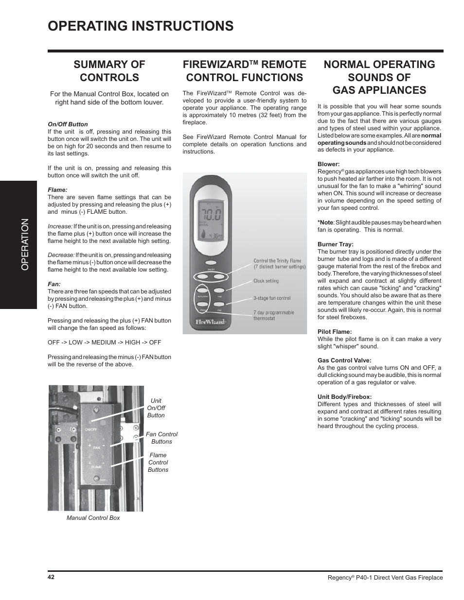 Operating instructions, Summary of controls, Firewizard | Remote control functions, Normal operating sounds of gas appliances, Opera tion | Regency P40 User Manual | Page 42 / 56