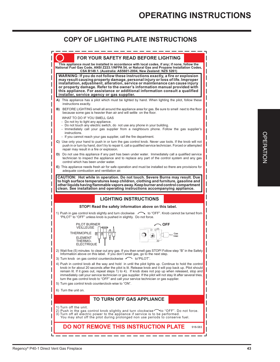 Operating instructions, Copy of lighting plate instructions, Do not remove this instruction plate | Opera tion | Regency P40 User Manual | Page 43 / 56