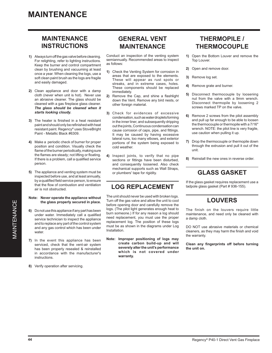 Maintenance instructions, Thermopile / thermocouple, Glass gasket | Louvers, General vent maintenance, Log replacement, Maintenance | Regency P40 User Manual | Page 44 / 56