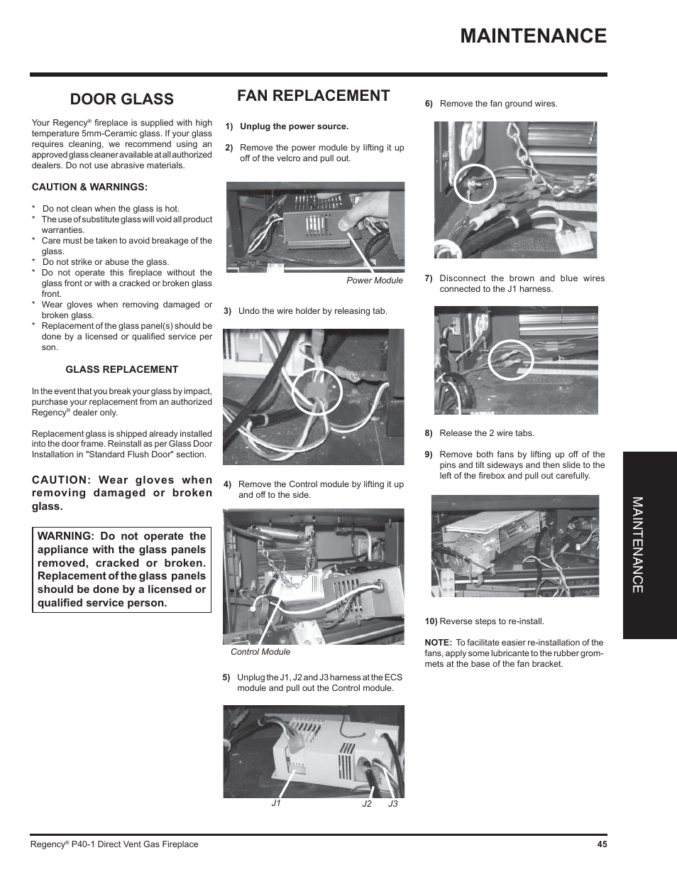 Door glass, Fan replacement, Maintenance | Regency P40 User Manual | Page 45 / 56