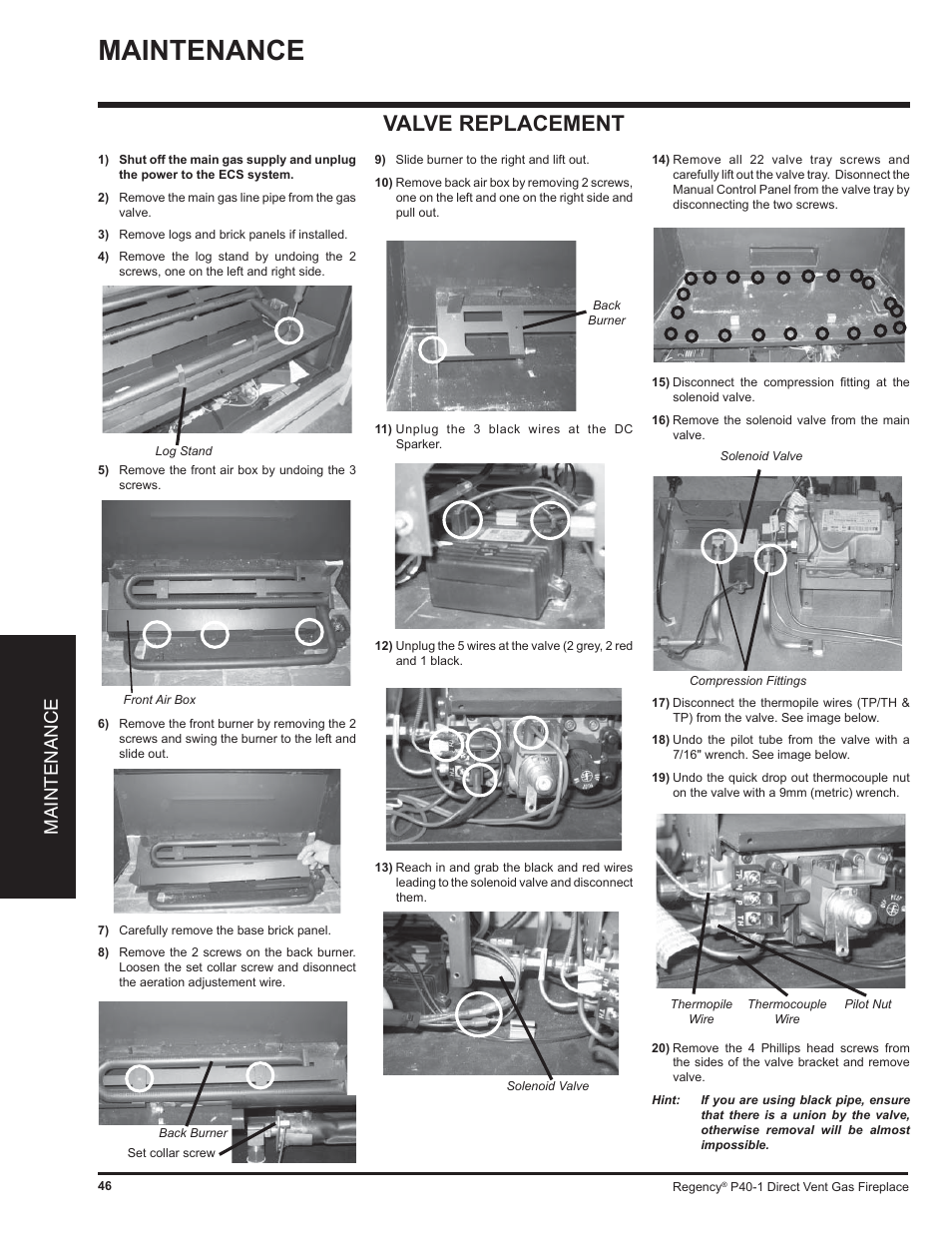 Valve replacement, Maintenance | Regency P40 User Manual | Page 46 / 56