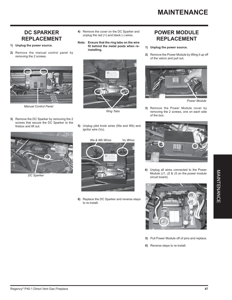 Dc sparker replacement, Power module replacement, Maintenance | Regency P40 User Manual | Page 47 / 56