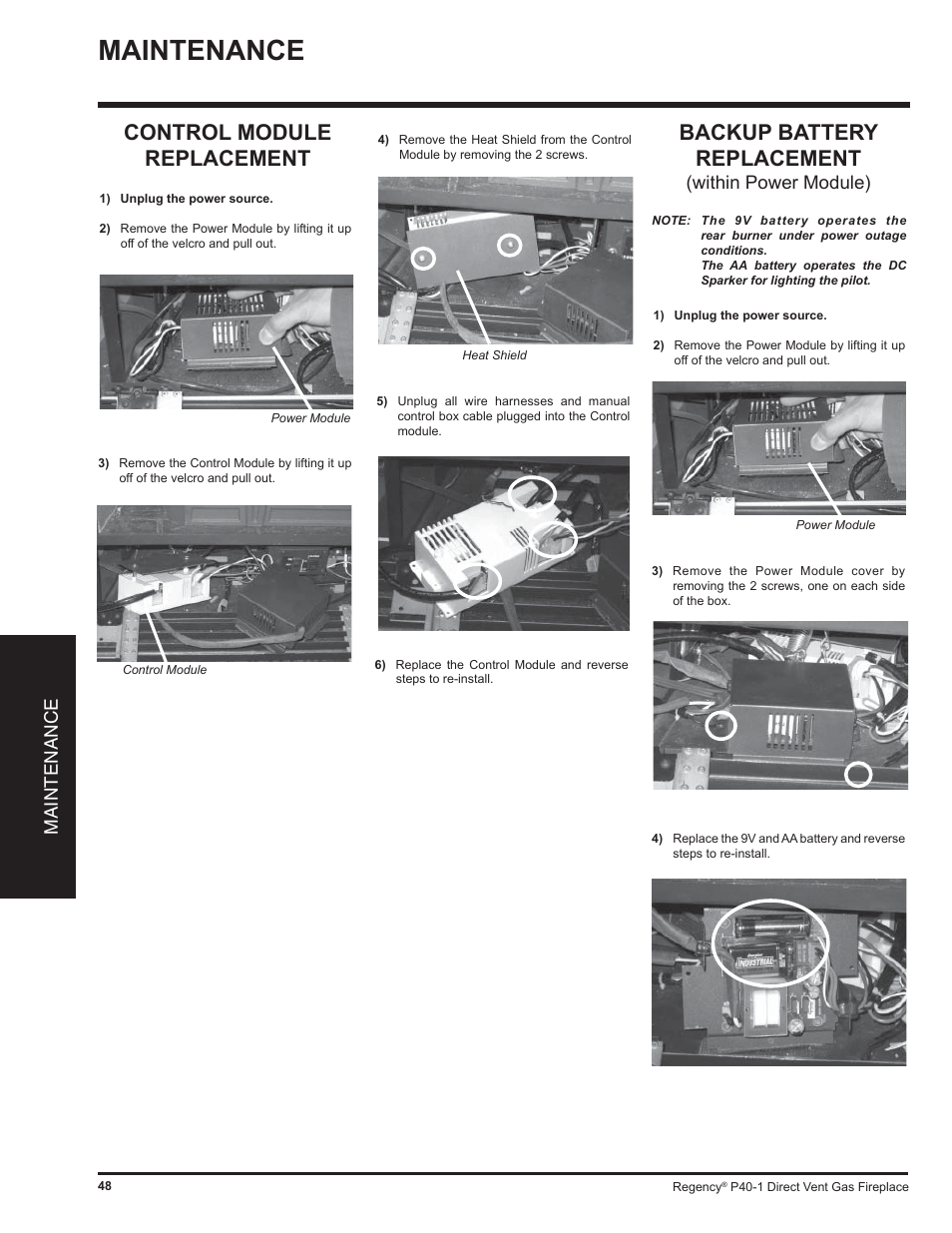 Control module replacement, Backup battery replacement, Maintenance | Within power module) | Regency P40 User Manual | Page 48 / 56