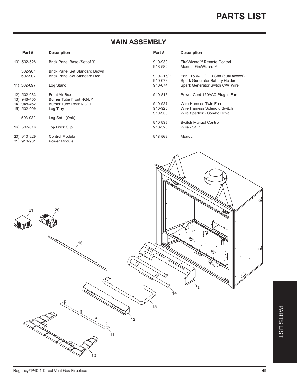 Parts list, Main assembly, Pa r ts list | Regency P40 User Manual | Page 49 / 56