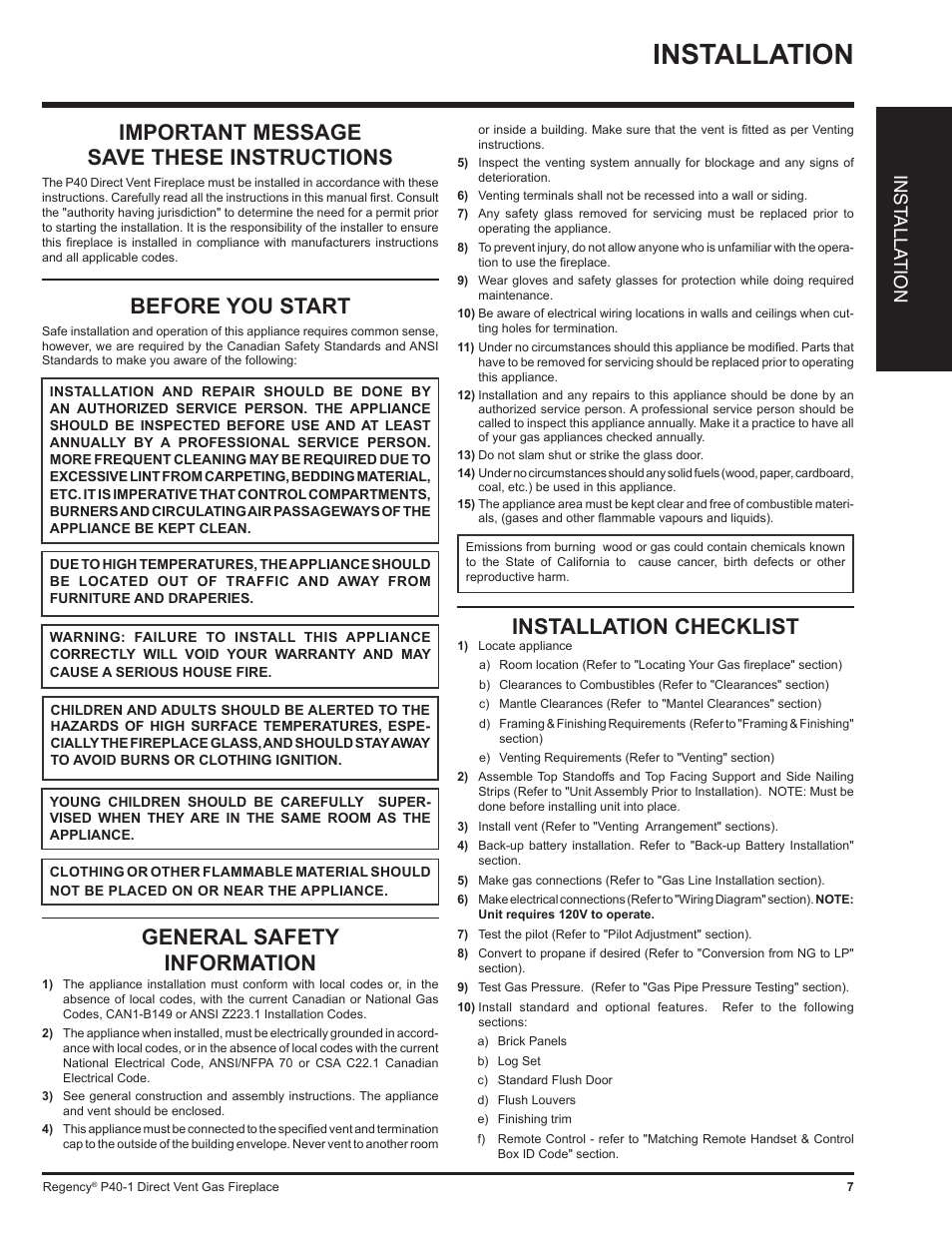 Installation, Important message save these instructions, Before you start | General safety information, Installation checklist, Inst alla tion | Regency P40 User Manual | Page 7 / 56