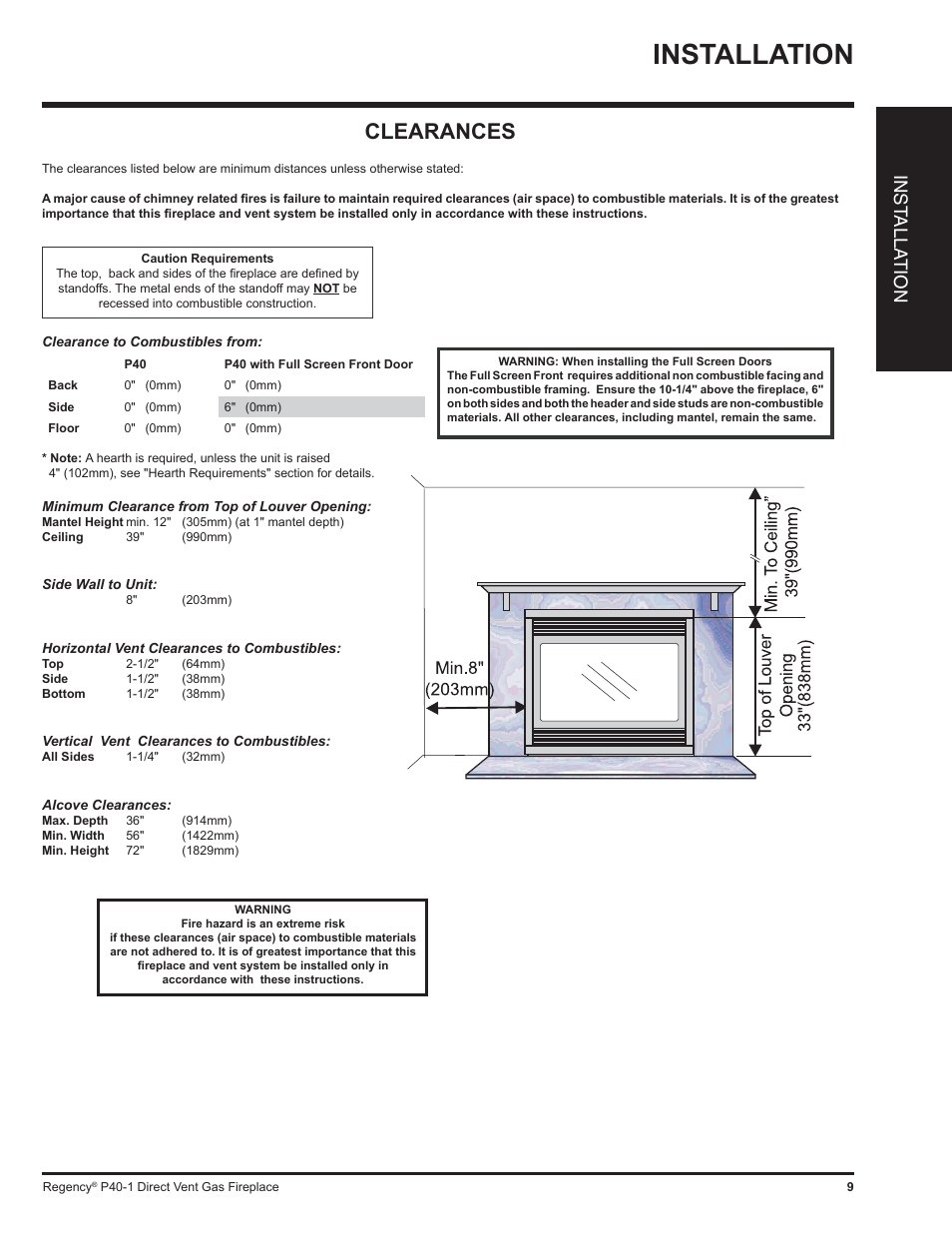 Installation, Clearances, Inst alla tion | Regency P40 User Manual | Page 9 / 56