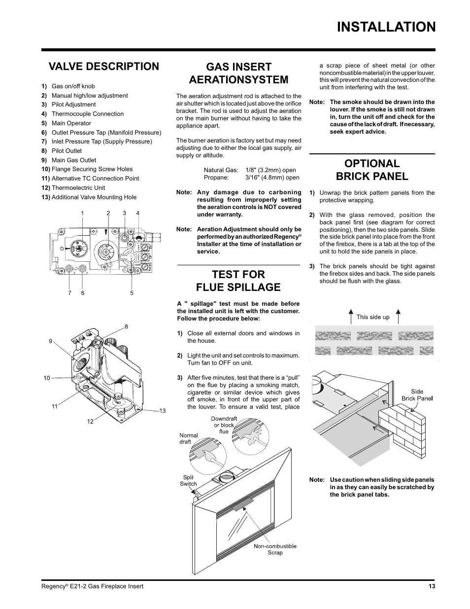 Installation, Test for flue spillage, Gas insert aerationsystem | Optional brick panel, Valve description | Regency E21-LP2 User Manual | Page 13 / 32