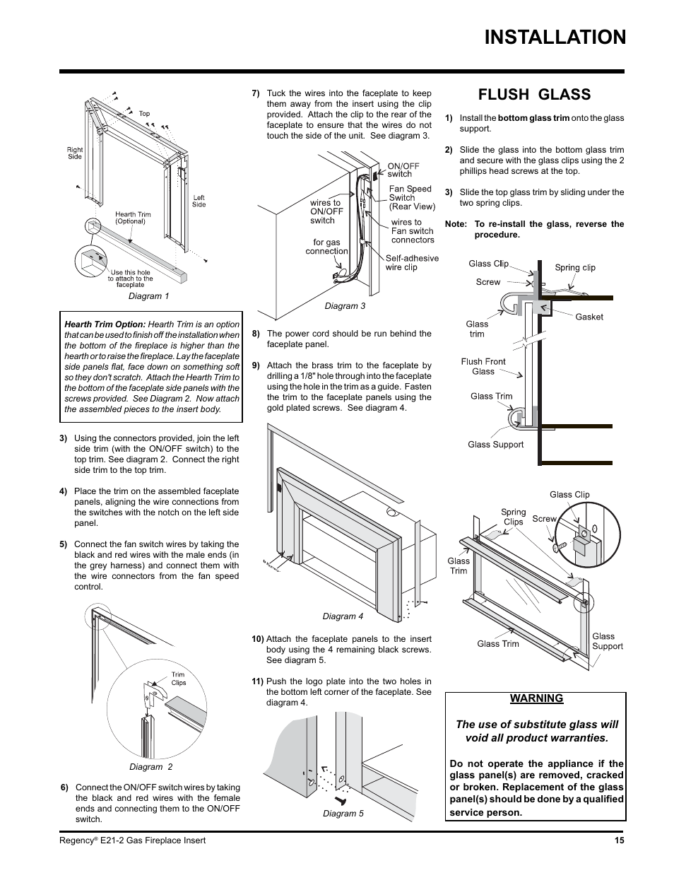 Installation, Flush glass | Regency E21-LP2 User Manual | Page 15 / 32