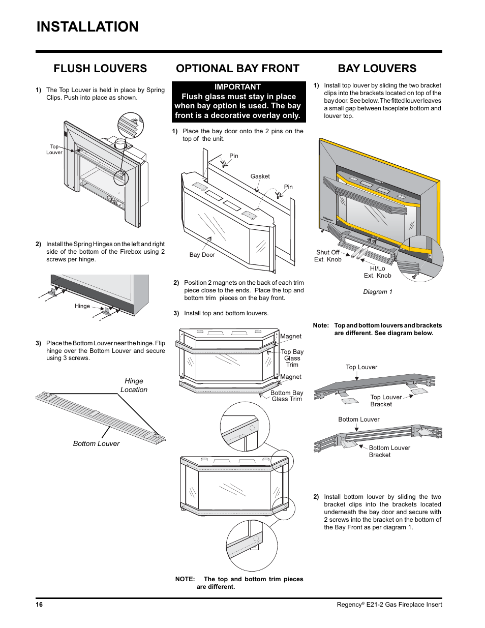 Installation, Bay louvers, Optional bay front | Flush louvers | Regency E21-LP2 User Manual | Page 16 / 32